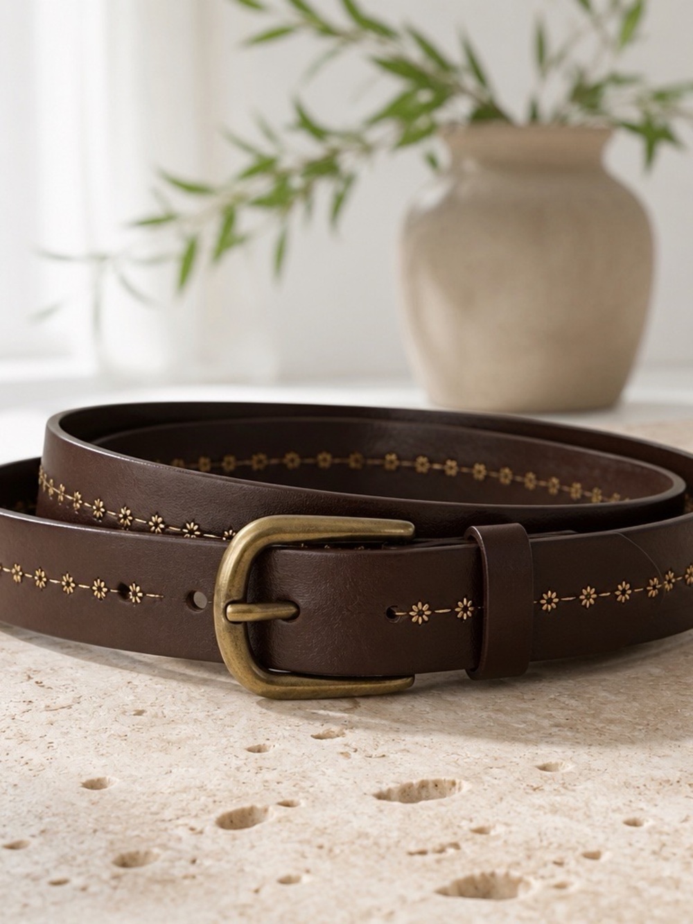 NWT Linea Pelle Brown Leather Belt with Decorative Stitching